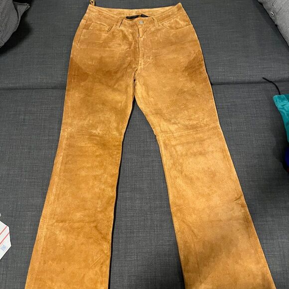 Express Pants - Vintage Express World Brand Suede Leather Pants - Size 7/8 - Tan Bootcut Western